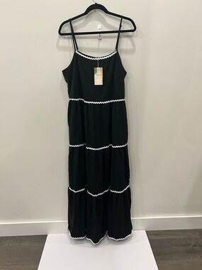 Black Tiered Maxi Dress XL White Trim Cottagecore Boho Spaghetti Strap NWT